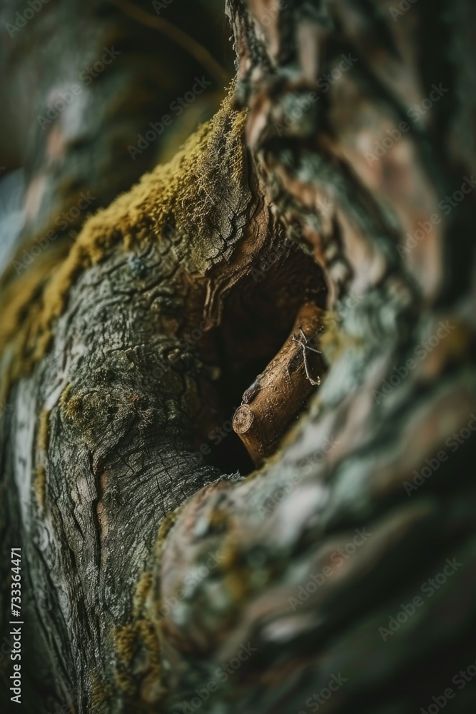 Aufkleber A detailed view of a piece of wood embedded in the trunk of a tree. This image can be used to represent nature, texture, or the growth and resilience of trees