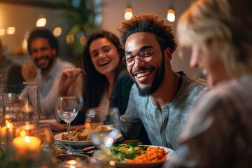 A diverse group of friends enjoying a lively dinner party at a chic restaurant, laughing and sipping wine as the soft glow of candles illuminates their elegant clothing and the walls adorned with cha - obrazy, fototapety, plakaty