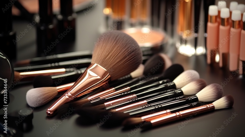 Canvas Prints A collection of makeup brushes neatly arranged on a table. Perfect for beauty and cosmetics-related projects