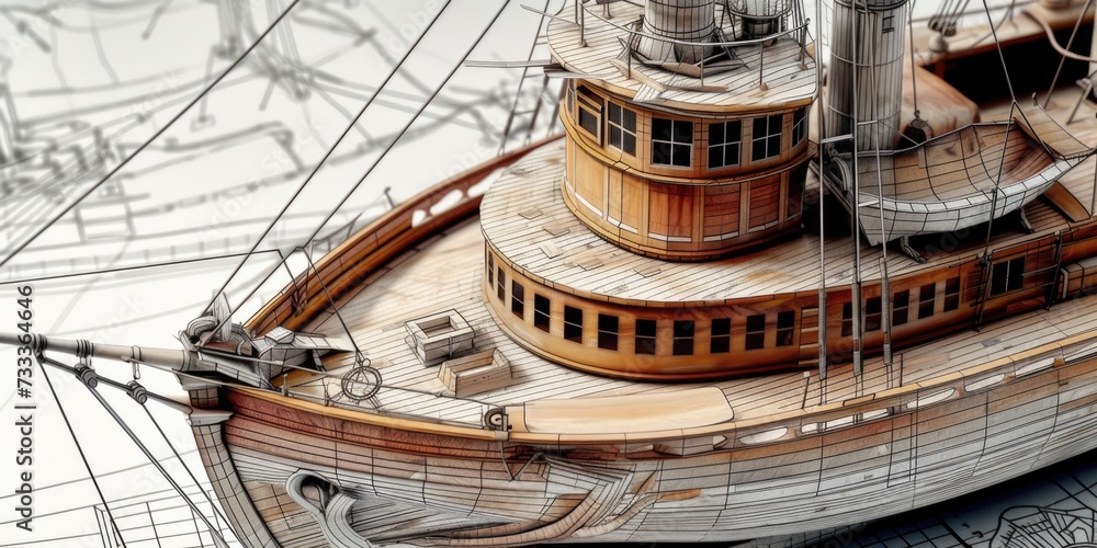 Poster Boat model displayed on a blueprint. Suitable for architectural or engineering projects