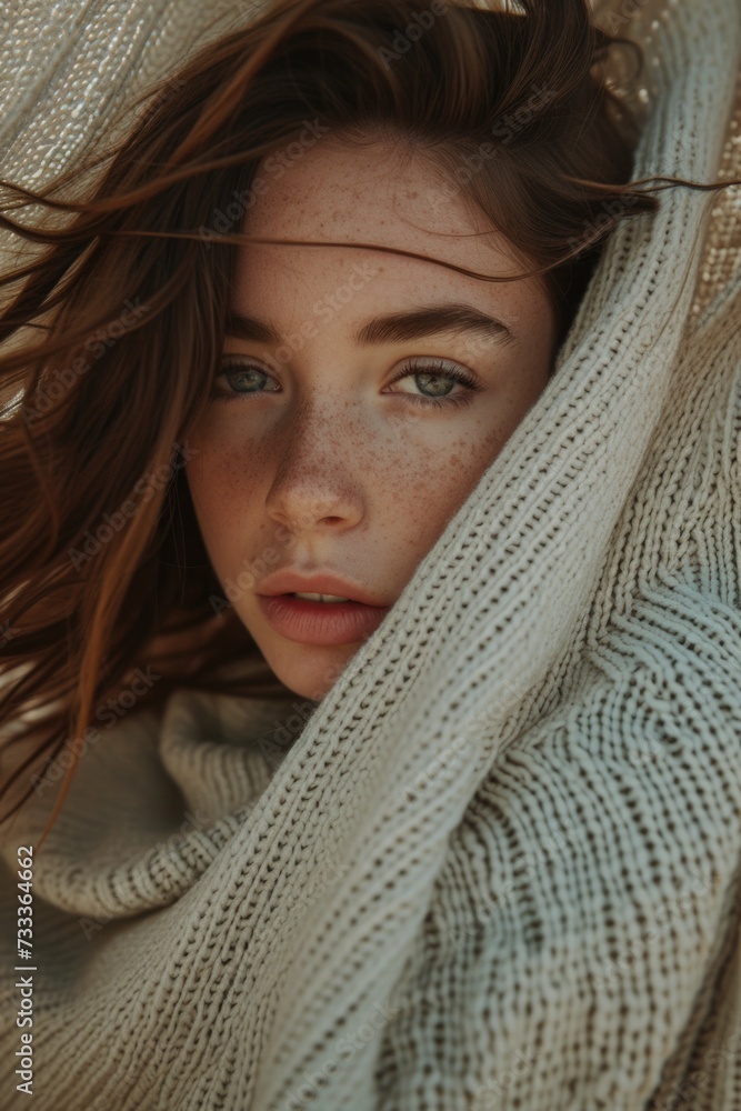 Poster A close-up image of a person wearing a sweater. This versatile picture can be used for various themes and concepts