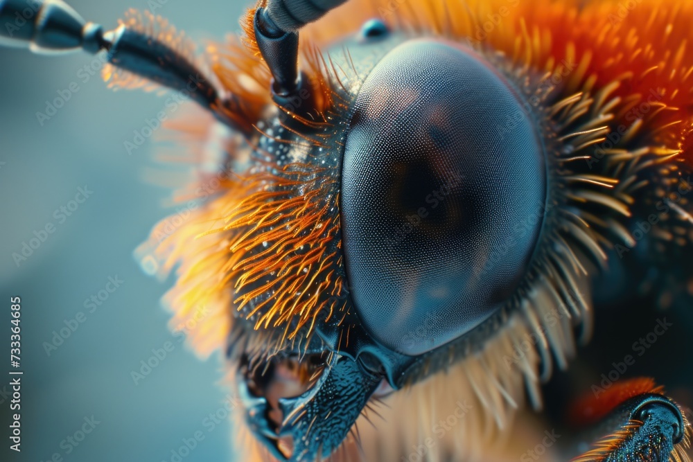 Poster close up view of a bee's head and its intricate eyes. perfect for nature and wildlife themed project