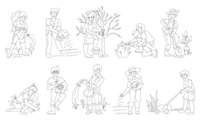 Black and white garden set, people gardening, vector illustrations of garden gear, gardening tools. Woman and man working in garden, spring outdoors activity, cute flat characters set.