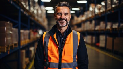 Fototapeta premium Portrait of a happy worker standing in warehouse distribution center.