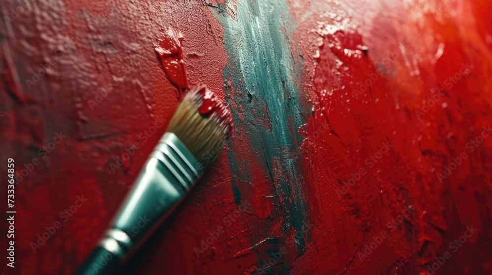 Poster a paintbrush is seen resting on a vibrant red painted wall. this image can be used to represent crea