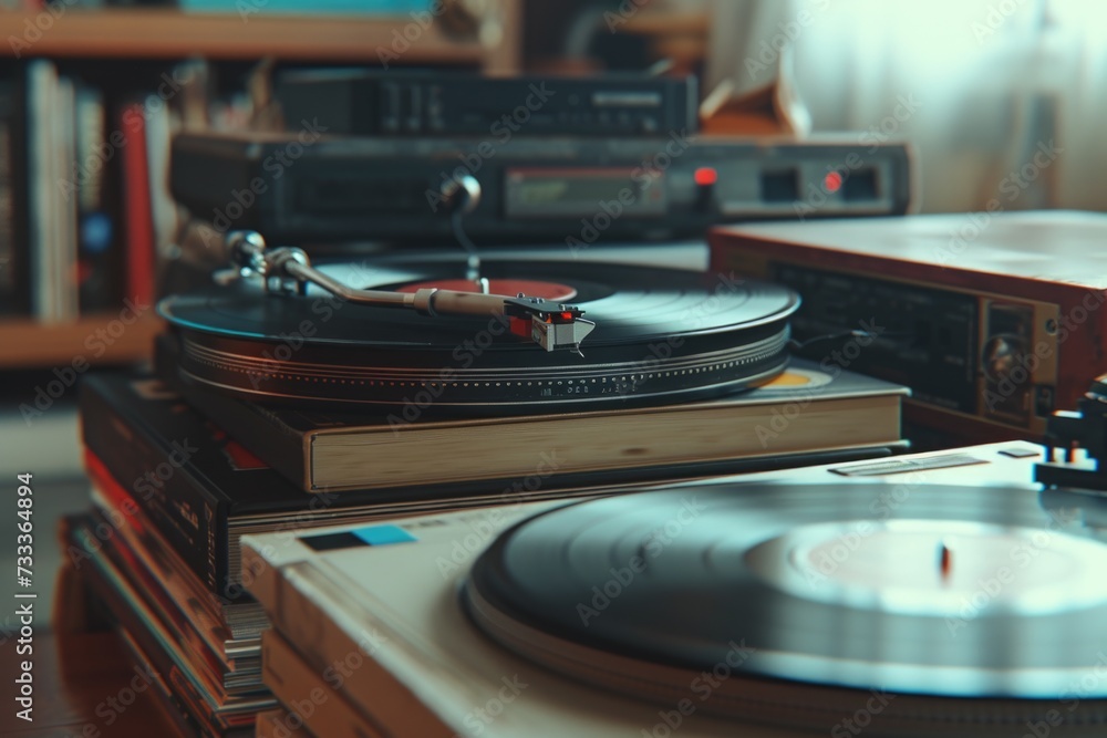 Poster a vintage record player placed on top of a stack of books. perfect for music lovers and retro enthus