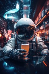 A man dressed in a space suit holding a beer. This image can be used to depict a futuristic party or a space-themed event