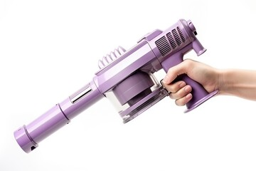 A person holding a purple toy gun in their hand. This image can be used to depict play, imagination, or toy-themed concepts