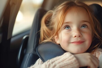 A joyful toddler with rosy cheeks and a bright smile sits in the backseat of a car, clad in cozy clothing, captured in an intimate indoor portrait