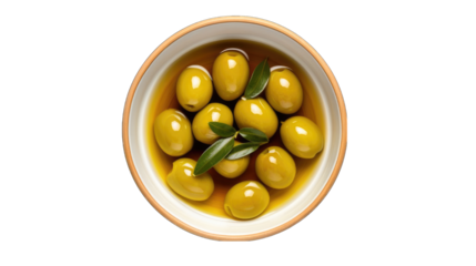 Olive oil in a glass bowl with 2 green olives png