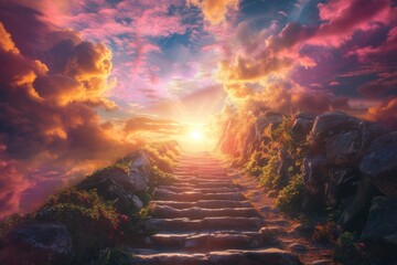 A stairway leading up to a bright sky. Perfect for conveying concepts of hope, progress, and new beginnings. Ideal for use in motivational materials, website banners, or inspirational blog posts - obrazy, fototapety, plakaty