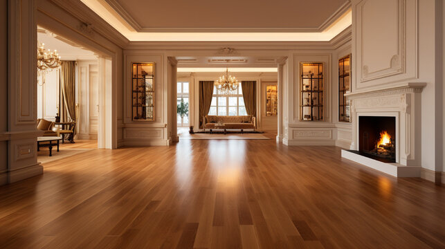 Luxury house interior. Office room with fireplace and hallway with shiny hardwood floor