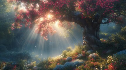 Magiczne drzewo rośnie w kolorowym wzgórzu z promieniami słońca