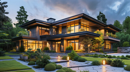 Obraz premium Luxury modern house exterior with beautiful landscape design and gorgeous entrance porch with stone columns