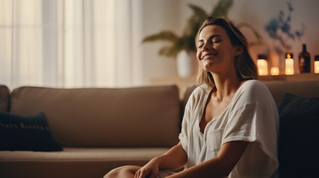 A woman is pictured sitting on a couch with her eyes closed. This image can be used to depict relaxation, meditation, or peacefulness