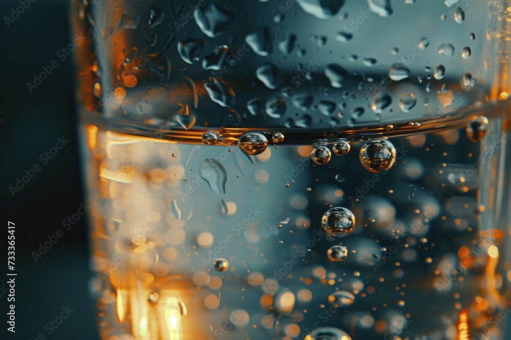 Poster a detailed close-up of a glass of water with bubbles. this versatile image can be used in various co