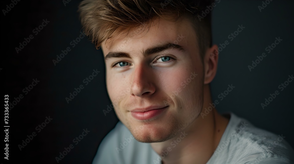 Aufkleber portrait of a young man with a charming smile in soft lighting. close-up view capturing emotion and 