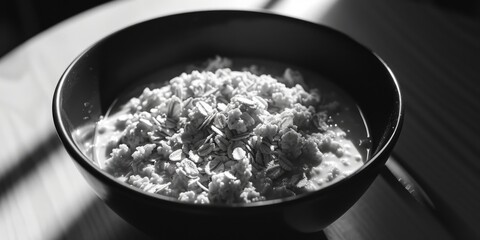 A simple bowl of oatmeal sitting on a table. Can be used to illustrate a healthy breakfast or a cozy meal at home