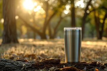 Obraz premium A coffee cup sitting on top of a tree stump. Perfect for nature lovers and coffee enthusiasts