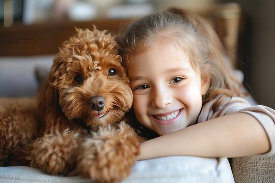 A young girl's face lights up with joy as she embraces her beloved labradoodle, a playful poodle-terrier crossbreed, in the comfort of their indoor home