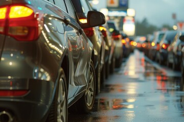 Obraz premium A bustling street filled with heavy traffic and towering buildings. Ideal for illustrating urban life and transportation.