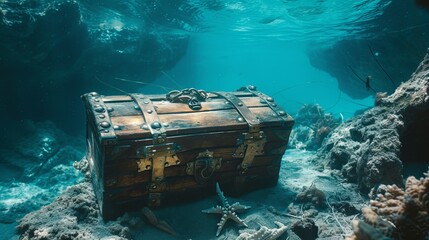Closed treasure pirate chest on sea bottom underwater wallpaper background
