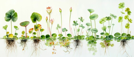 Botanical illustration of a series of aquatic plants, detailing their floating leaves and underwater roots, showcasing the beauty of water flora