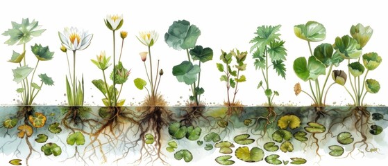 Unveiling the beauty of aquatic flora: A series of botanical illustrations focusing on leaves and roots