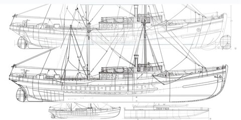 A drawing of a large boat with a smaller boat in the background. This image can be used to depict maritime activities and the contrast between different types of boats