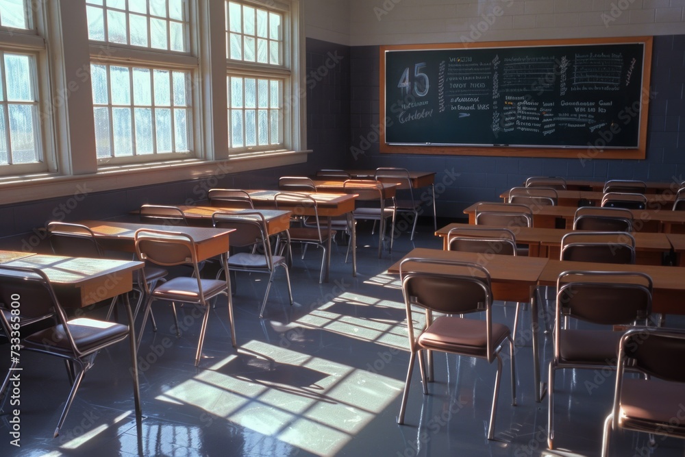 Aufkleber A classroom featuring desks, chairs, and a chalkboard. This image can be used to depict an educational setting or for illustrating concepts related to learning and teaching
