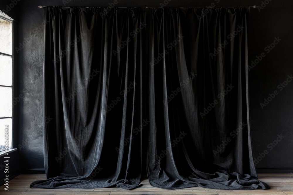 Poster A room with a black curtain and a window. Ideal for adding a touch of mystery and drama to any project