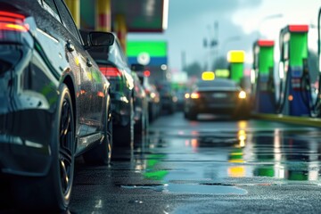 Cars parked at a gas station. Suitable for automotive, transportation, and fuel-related concepts - obrazy, fototapety, plakaty