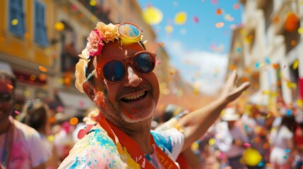 Joyful person celebrating at a vibrant street festival, surrounded by confetti. colorful, lively event captured in daylight. carnival atmosphere. AI