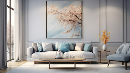 Obraz premium Modern interior design of a living room in an apartment, house, office, comfortable sofa, bright modern interior details and light from the window on the background of the Disiner wall