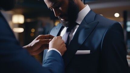 A professional man in a suit adjusting his tie. Perfect for business and corporate concepts