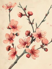 Illustration of a cherry blossom branch, capturing the fleeting beauty of spring with delicate flowers and buds