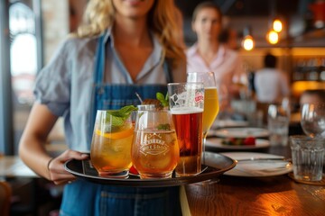 A stylish woman confidently serves a variety of refreshing drinks, including beer, cocktails, and soft drinks, with her tray of barware and drinkware at an indoor bar setting - obrazy, fototapety, plakaty
