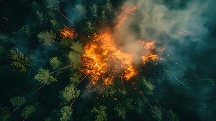 Obraz na płótnie Canvas Aerial view of a forest fire at night, smoky scene with glowing flames. captivating natural disaster depicted. environmental issue visualization. dark tones, urgent scene. AI