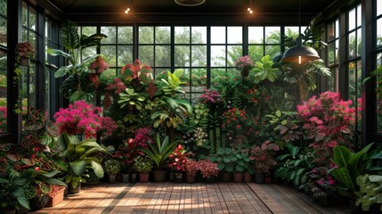 Illustration of a greenhouse filled with exotic plants, showcasing the diversity and beauty of cultivated flora in a controlled environment