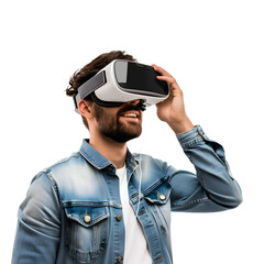 Young man using virtual reality headset. Isolated on white background studio portrait. VR, future, gadgets, technology, education online, studying, video game concept

