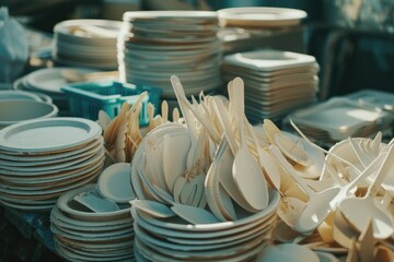 A collection of plates and spoons arranged neatly on a table. Perfect for food-related content or restaurant promotions
