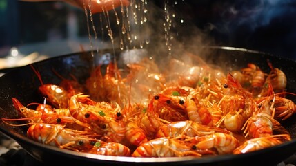 Cooked shrimp in a frying pan. Can be used for seafood recipes or cooking illustrations
