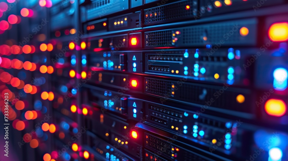 Poster a close-up view of a data center server rack with vibrant red and blue led lights, symbolizing netwo