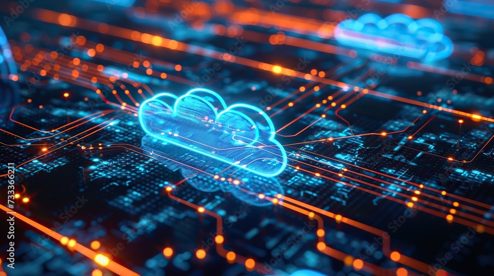 Poster this image visually represents cloud computing technology with glowing cloud symbols integrated into