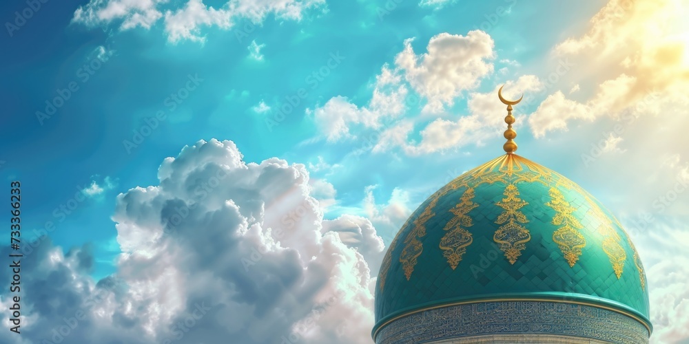 Poster a picture of a green and gold dome with a clock on top. suitable for architecture and historical the