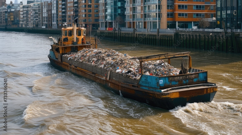 Poster a barge full of garbage floating on a river. suitable for environmental, pollution, waste management