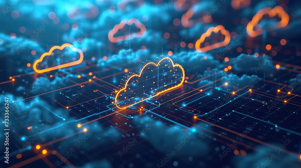 Poster glowing cloud symbols over a detailed circuit board represent the modern landscape of network cloud 