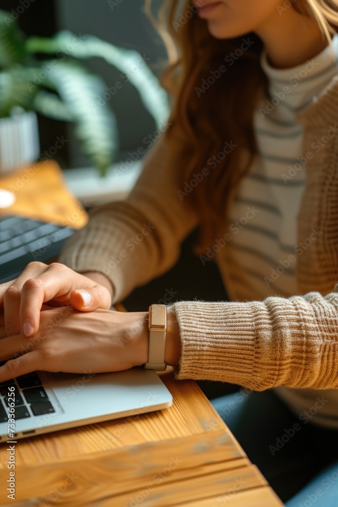 Poster a woman is shown typing on a laptop computer. this image can be used to depict various concepts rela