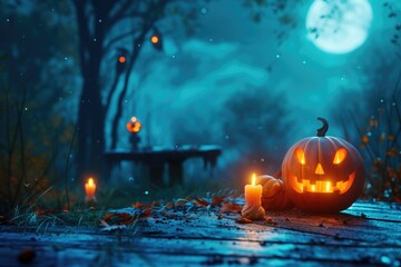 Obraz premium A Halloween pumpkin sitting on top of a wooden floor. Perfect for Halloween-themed designs and decorations