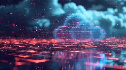 A stunning visual concept of cloud computing, showcasing a floating cloud structure comprised of countless data points above a glowing circuit landscape.